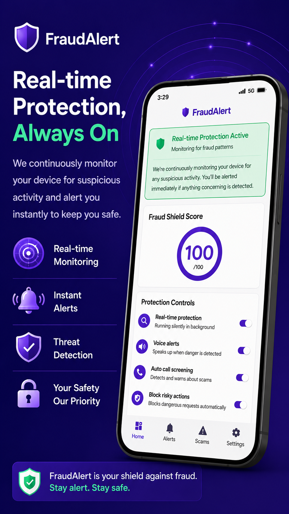 FraudAlert Home Screen – Real-time Protection Active